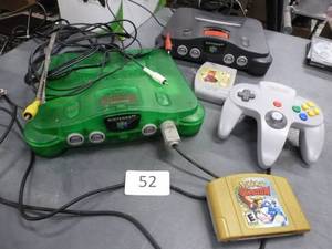lot 52 image: 2 Nintendo 64 systems, one controller, 2 games