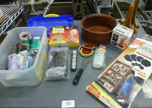 lot 90 image: Misc household items, light bulbs, hooks, mover pads etc