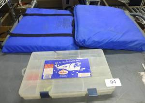 lot 94 image: Fishing tackle box with some contents and 2 flotation cushions
