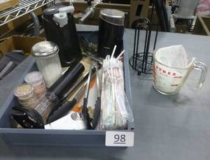 lot 98 image: Coffee grinder, can opener, wine bottle opener, measuring cup and more
