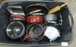 lot 107 image: Large tote full of pots and pans, rice cooker, crock pot, cake pans