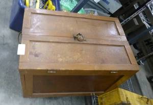 lot 127 image: Wood trunk with unique cover and latch 24x16x16