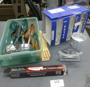 lot 155 image: Kitchen utensils, glasses, food scale