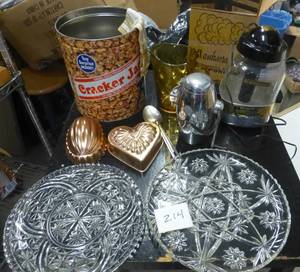 lot 214 image: Vintage ice crusher, vintage vaporizer, cake platter and divided platter, pitcher, cracker jack tin