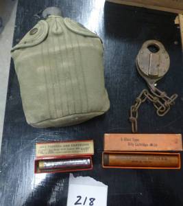lot 218 image: Vintage military canteen, lock, etc