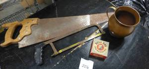 lot 226 image: Vintage copper and brass spitoon, jar rubbers and saws