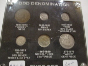 Awesome Set Complete ODD Denomination Type Set. AU 1868 2 Cent, 1851 Trime 75%silver, 1854 Trime 2 line Star 90% silver, Fine 1869 Trime 3 Line Star 90%, Fine  1865 3 Cent Nickel, 1875-S Twenty Cent Piece.