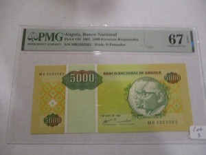 1995 PMG Superb Gem Unc 67EPQ 5000 Kwanzas Angola Banco Nacional. Almost Perfect Condition