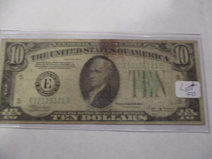 1934 B $10 Federal Resrve Note. Almost a full Repeater Serial # 12125121. Lime green seal