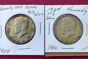 lot 1 image: (2) 1964 90% Silver Kennedy Half Dollars