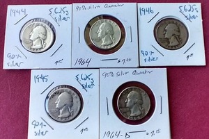 lot 11 image: (5) 90% Silver Washington Quarters