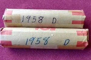 lot 24 image: (2) 1958-D Wheat Penny Rolls