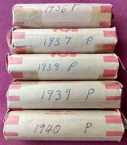 lot 100 image: (5) Wheat Penny Rolls - Consecutive Years
