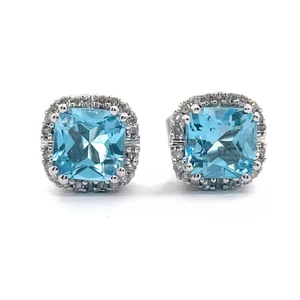 NEW Blue Topaz & Natural Diamond Pave Cushion Halo Stud Earrings in White Gold $1,275 Retail VIDEO