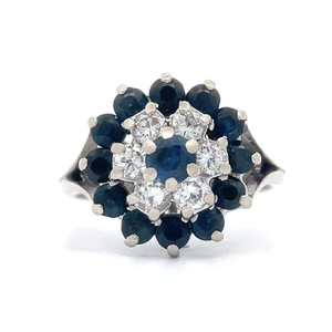 0.85 Carat Blue Sapphire & Natural Diamond Flower Cluster Split Shank Ring in White Gold $1,780 Retail VIDEO