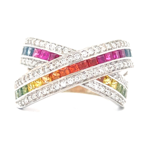 Sapphire and Other Rainbow Gem & Natural Diamond Triple Row X-Crossover Ring in 18k White Gold Retail $4,999 VIDEO