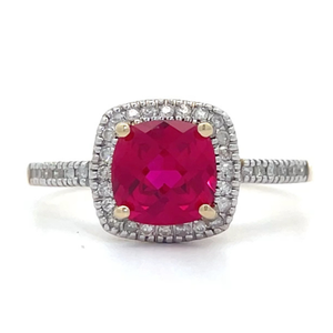 NEW Ruby Solitaire & Natural Diamond Pave Cushion Halo Ring in 14k Yellow Gold $1,565 Retail VIDEO