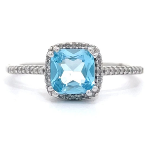 NEW Square Blue Topaz & Natural Diamond Halo Openwork Floral Bouquet Cathedral Ring in White Gold $1,299 Retail VIDEO