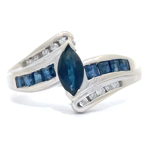 Blue Sapphire Marquise & Natural Diamond Triple Row Bypass Ring in White Gold $1,579 Retail VIDEO