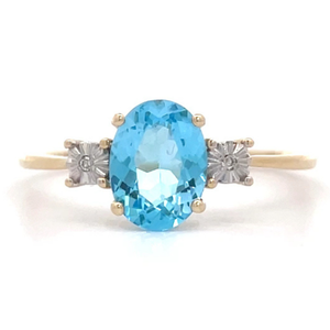 NEW Blue Topaz & Natural Diamond Three-Stone Ring in 14k Yellow Gold $1,099 Retail VIDEO