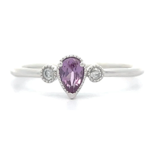 NEW Dainty Pear Amethyst & Natural Diamond Three-Stone Bezel Stacking Ring in White Gold $1,040 Retail VIDEO