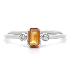 NEW Emerald Cut Citrine & Natural Diamond Three-Stone Dainty Stack Ring in White Gold $1,140 Retail VIDEO