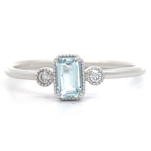 NEW Emerald Cut Blue Topaz & Natural Diamond Three-Stone Bezel Stacking Ring in White Gold $1,075 Retail VIDEO