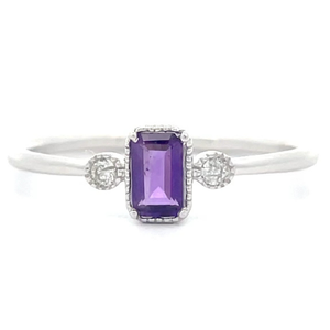NEW Emerald Cut Amethyst & Round Diamond Three-Stone Bezel Dainty Stacking Ring in White Gold $1,065 Retail VIDEO