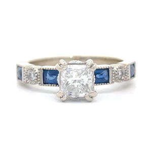 1.28 Carat Natural Princess Diamond Hidden Solitaire Blue Sapphire Engagement Ring in 18k White Gold $3,320 Retail VIDEO