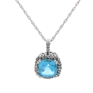 NEW Blue Topaz & Natural Diamond Halo Basket Pendant Necklace in White Gold $1,340 Retail