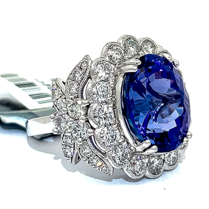 13.51 Carat AAA Fine Quality Tanzanite & Natural Diamond Halo Statement Ring in Platinum - $63,470 Appraisal Included VIDEO