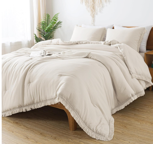 lot 450 image: Andency King Size Comforter Set Beige, 3 Pieces Boho Lightweight Tassel