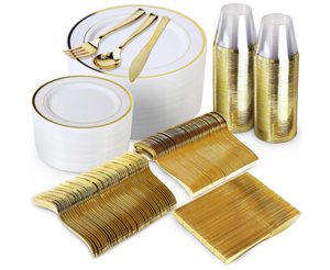 lot 457 image: 600 Piece Gold Dinnerware Set  200 White and Gold Plates  Set of 300 Gold Plastic Silverware  100 Plastic Cups  Disposable Gold Dinnerware Set for Party - 100 Guests