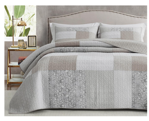 lot 397 image: Chezmoi Collection Robyn 3-Piece Neutral Taupe Gray White Floral Hibiscus Striped Quilt Set. 108x96