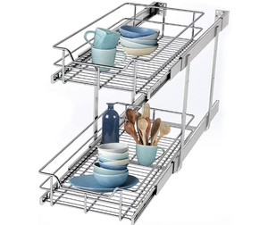 lot 493 image: STORKING 2 Tier Wire Basket Pull Out Shelf Drawer Storage Organizer for Kitchen Base Cabinets Chrome-Plating.  17D x 20W x 5.3H
