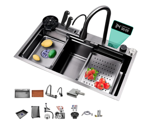 lot 35 image: VOYOCUGE Nano 304 Stainless Steel Kitchen Sink with Waterfall Kitchen Sink Design, Digital Display, Pressurized Cup Washer