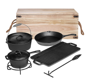 lot 55 image: 7 PCS Bruntmor Camping Cooking Set. Pre Seasoned Cast Iron Pots And Pans Dutch Oven With Lids For Outdoor Campfire