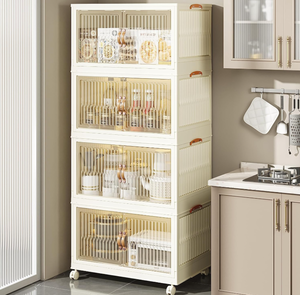 lot 65 image: LOT OF 4 Pupustar Storage Bins with Lids and Doors, Plastic Stackable Storage Bins Open Front