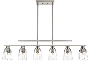 lot 77 image: VINLUZ 6 Light Farmhouse Chandeliers Brushed Nickel Dining Room Lighting Fixture Hanging with Clear Glass