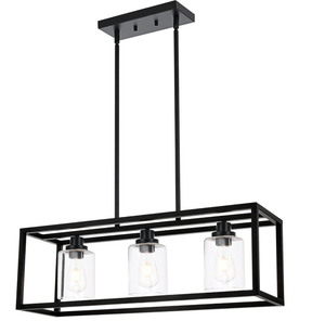 lot 86 image: MELUCEE 3 Light Kitchen Island Lighting Linear Chandelier Black Pendant Lighting with Rectangular Clear Glass Shade