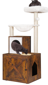 lot 92 image: Heybly Cat Tree, Wood Litter Box Enclosure with Food Station, All-in-one Indoor Cat Furniture