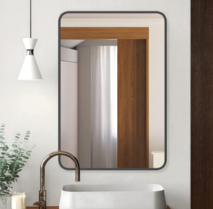 lot 128 image: FUWU HOME Wood Bathroom Mirror for Wall,  Rounded Corner Rectangle Mirror with Wooden Framed for Vanity