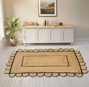 lot 159 image: GRUHUM Scalloped Jute Area Rug Natural Base Black Trim Handwoven Boho Reversible Soft Braided Farmhouse Jute Rug