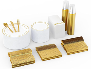 lot 214 image: 700 Gold Dinnerware Set-200 Plastic Plates- 300 Gold Plastic Silverware-100 Gold Plastic Cups-100 Disposable Hand Towel- Disposable
