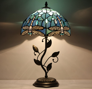 lot 90 image: AVIVADIRECT Tiffany Table Lamp Stained Glass Desk Light with Metal Leaf Base