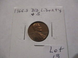 lot 13 image: 1968-S Double Die Lincoln Penny. Liberty & S are doubled