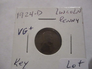 lot 14 image: Rare Key Date 1924-D Lincoln Penny. VG Condition