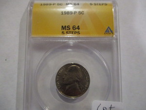 lot 26 image: ANACS MS64 1989-P Jefferson Nickel - 5.5 Steps. Very nice coin