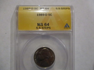 lot 27 image: ANACS MS64 1989-D Jefferson Nickel -  5.5 Steps. Very nice coin