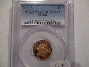 lot 28 image: PCGS 2014-S PR69 DCAM Shield Lincoln. Very nice looking penny